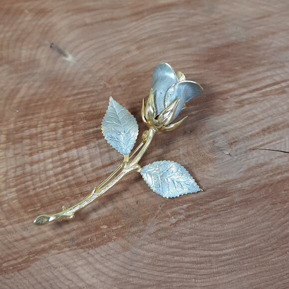Vintage Two Tone Rose Pin Brooch Gold and Silver Tone - Picture 1 of 5